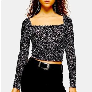 Top Shop Black and White Floral Long Sleeve Top